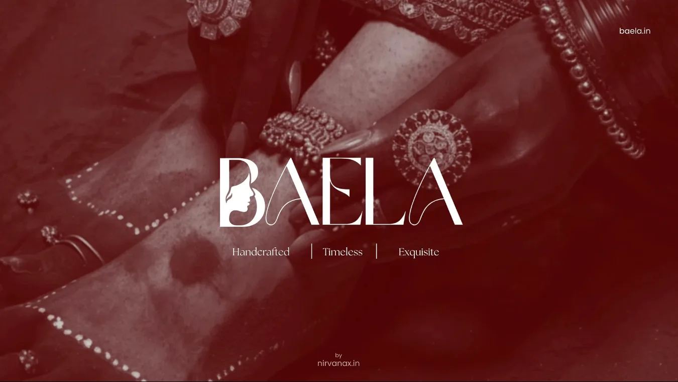 The finished lockup: BAELA in white over a bridal frame washed deep red, with Handcrafted, Timeless, Exquisite beneath it.