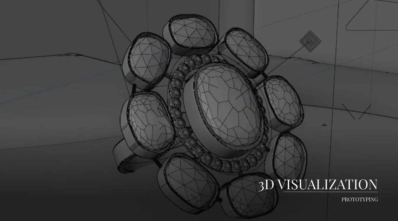 A Baela ring modelled as wireframe, the centre stone ringed with ovals and a band of pavé, before any material is applied.