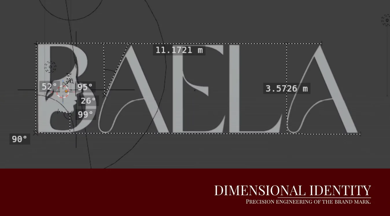 The Baela wordmark in a 3D viewport with the measurements called out: 11.1721 m across, 3.5726 m high, and the angles of each letter.