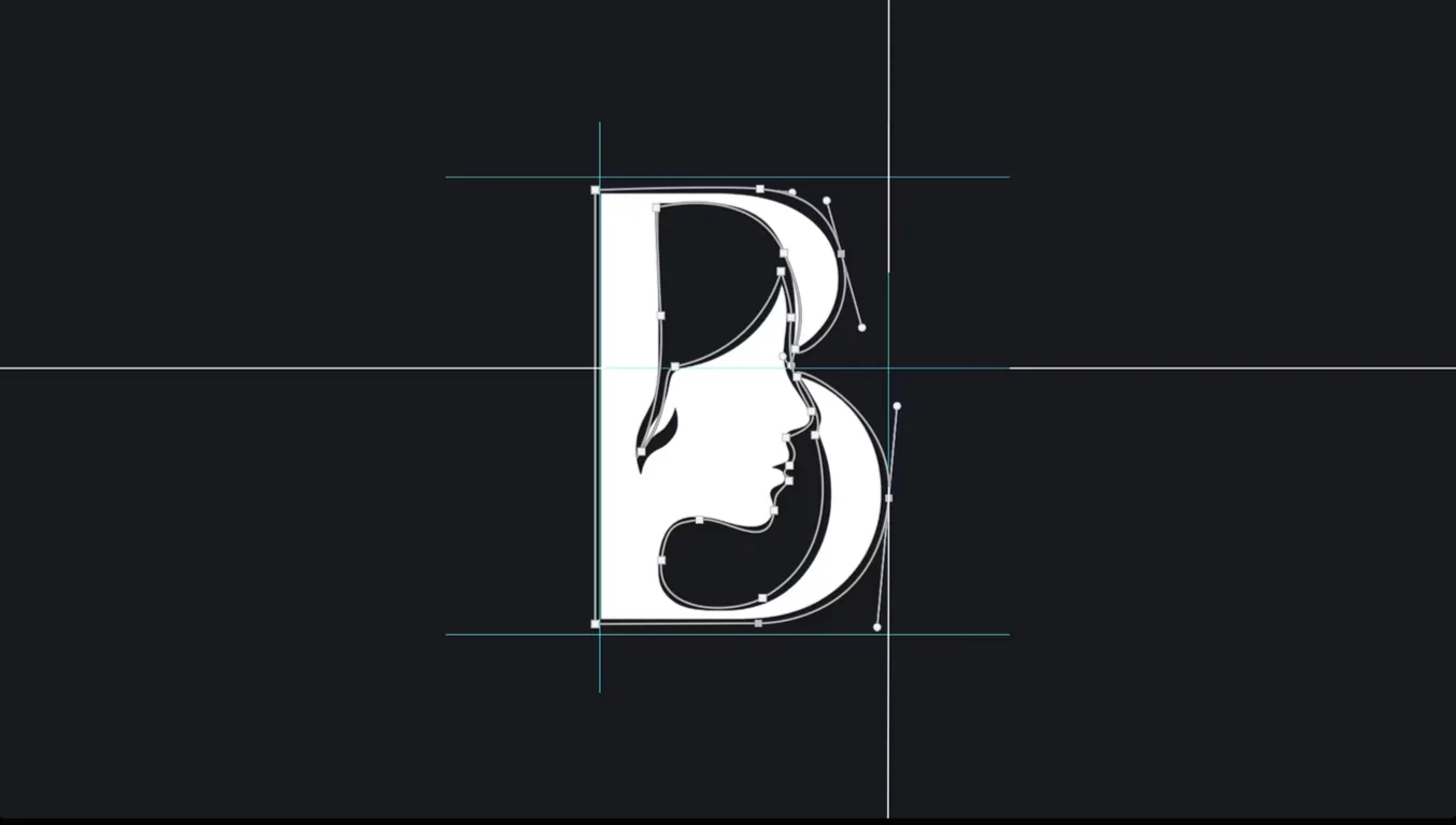 The B drawn in vector: anchor points and handles along the outline, the woman’s profile cut into the counter, guides crossing the letterform.
