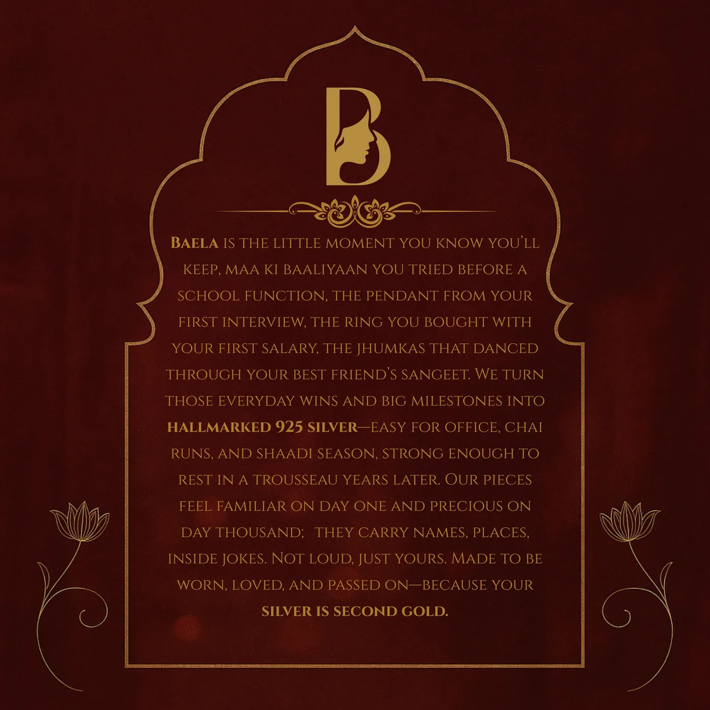 The Baela brand statement set in gold on deep red inside an arched border, ending on the line silver is second gold.