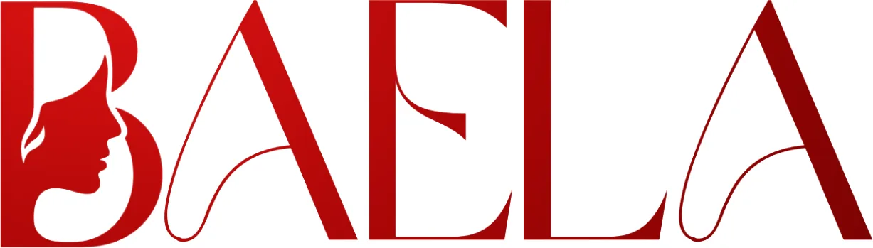 The Baela wordmark in red, the B carrying a woman's profile in its counter.