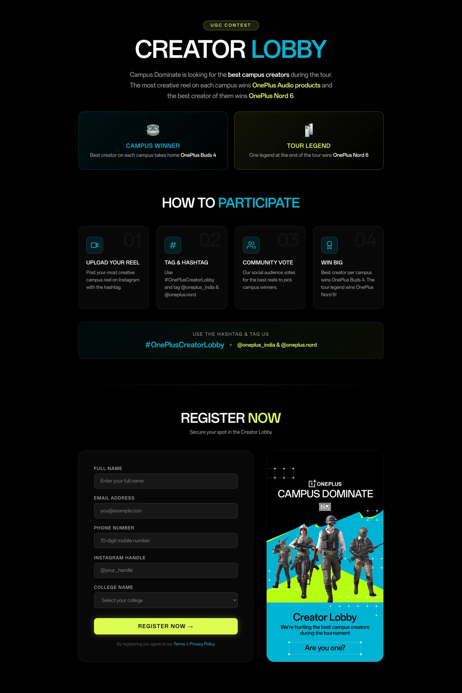 The Creator Lobby page: the two prize tiers, Campus Winner and Tour Legend, a four-step how-to-participate row, and the registration form beneath.