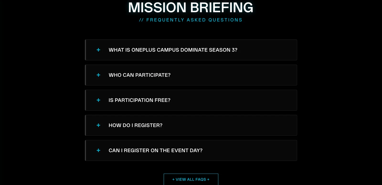 The FAQ section, headed Mission Briefing, as a list of collapsed questions about the season, eligibility and registration.