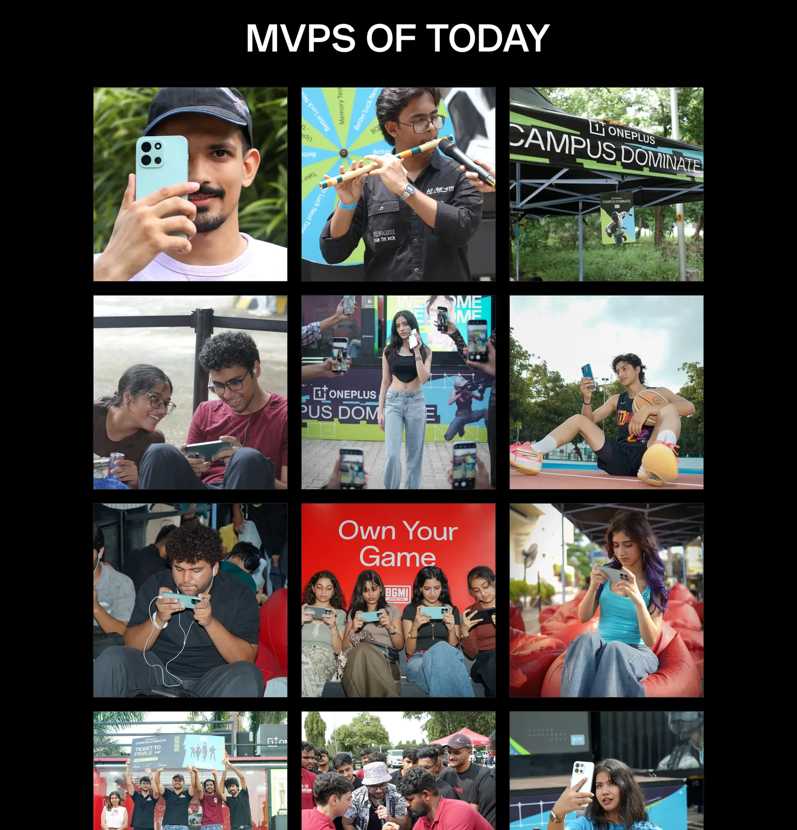 The gallery, headed MVPs of Today: a three-column grid of photographs from the campus stops: students with phones, the branded canopy, crowds around the truck.