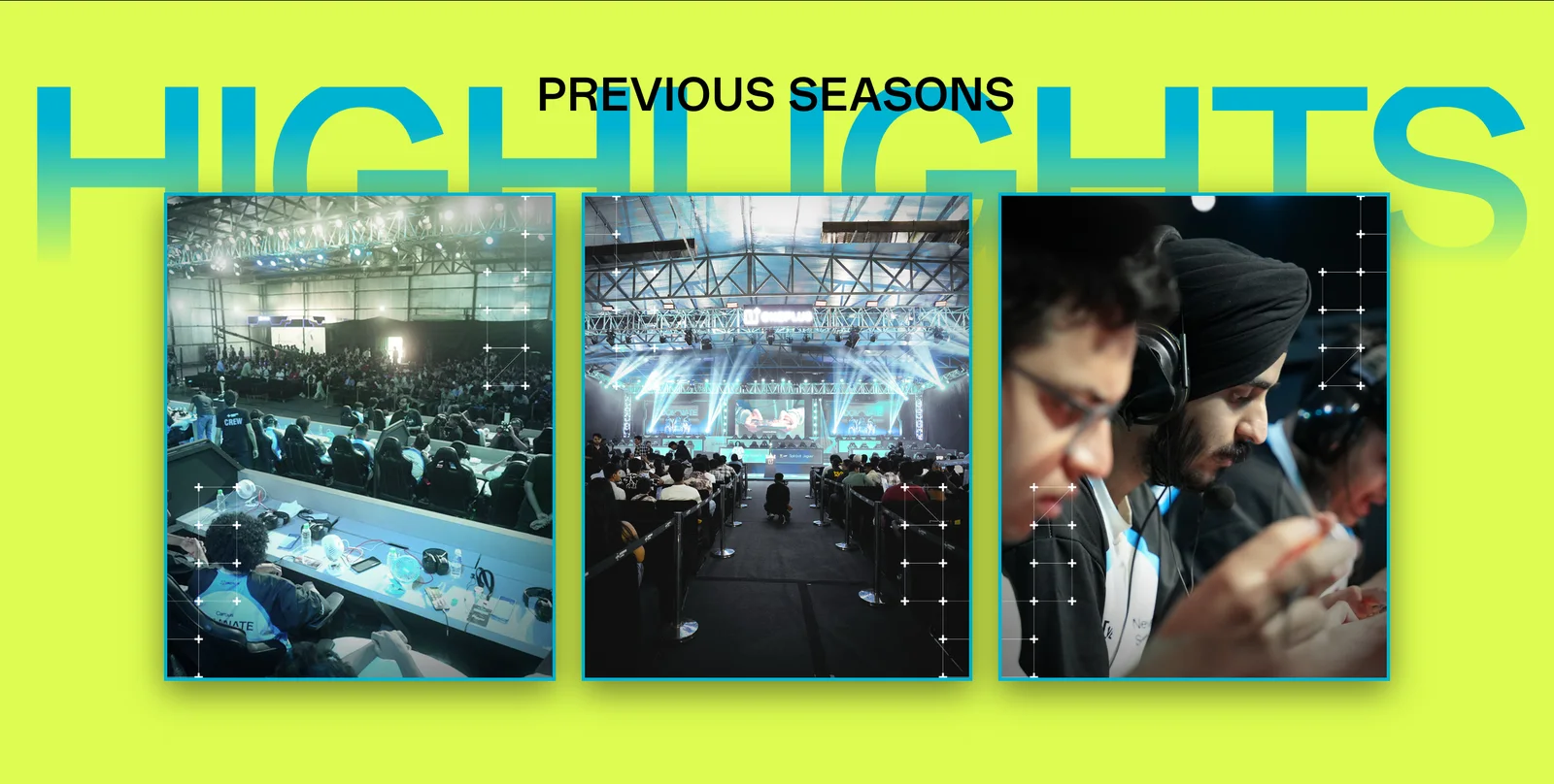 The previous seasons band: three photographs of past events set into an acid green panel behind the word Highlights.