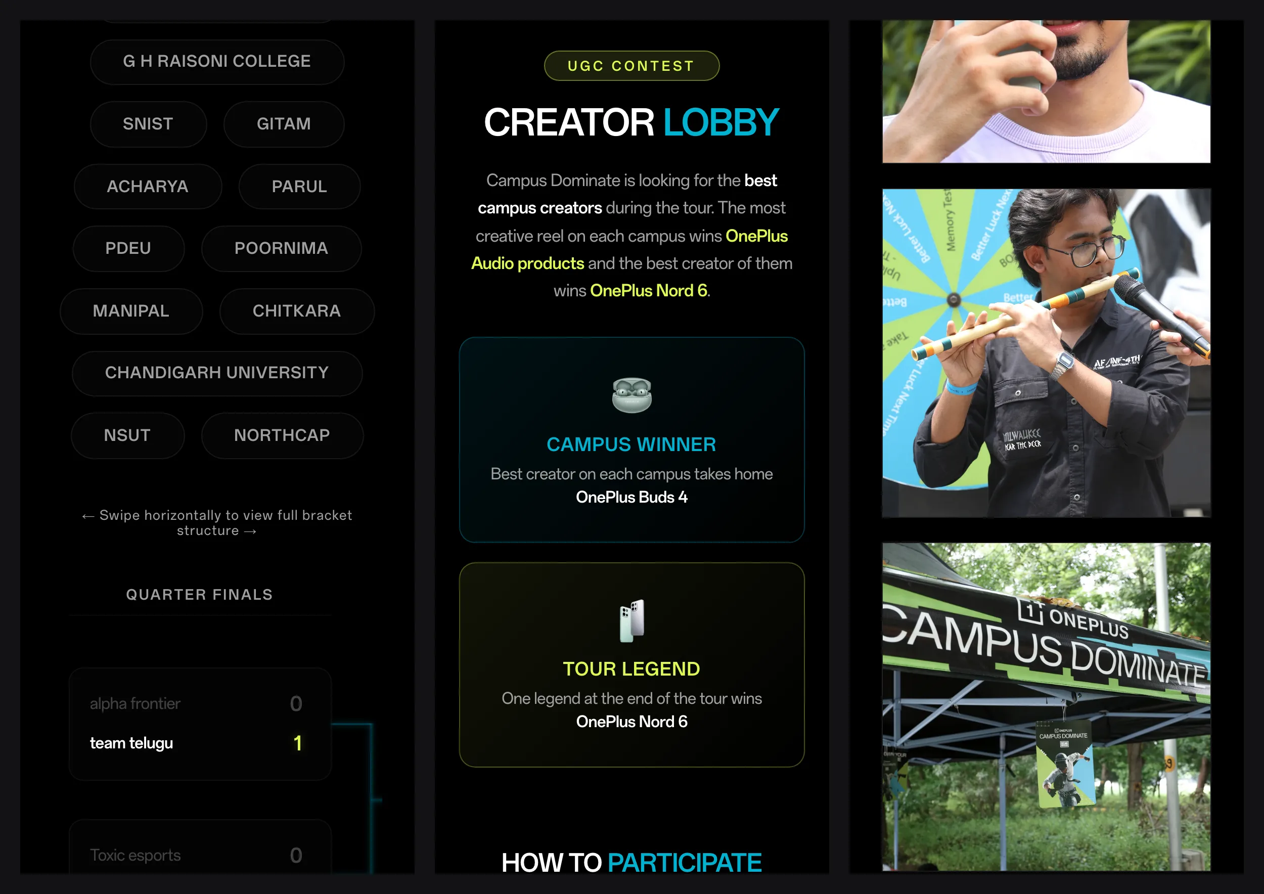 Three phone screens side by side: the bracket page with its college chips and a prompt to swipe for the full structure, the Creator Lobby prize cards, and the photo gallery.