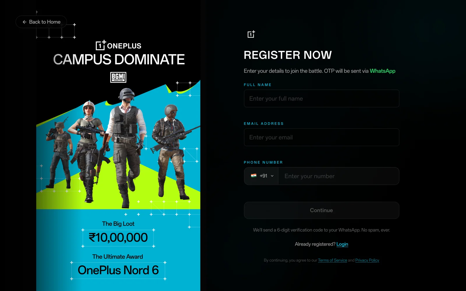 The registration page: fields for full name, email and phone number with a country selector, a note that the OTP will be sent via WhatsApp, and a link for players who have already registered, beside the campaign key visual.