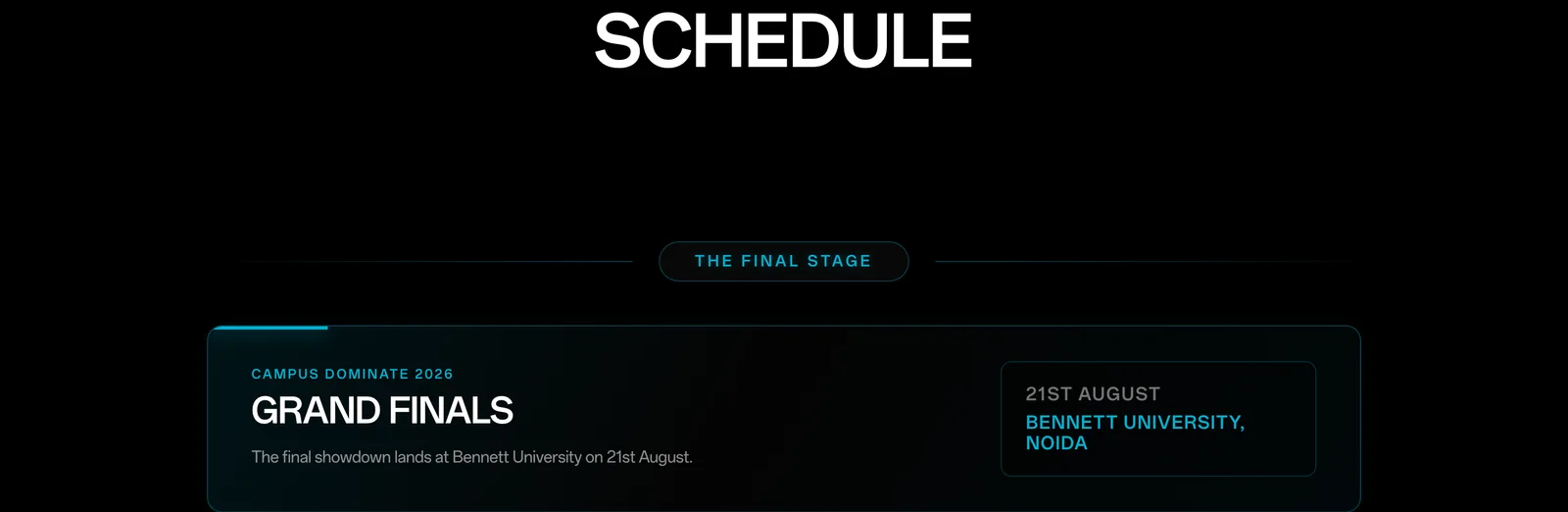 The truck locator schedule, with the grand finals pinned as the final stage at Bennett University on 21 August.