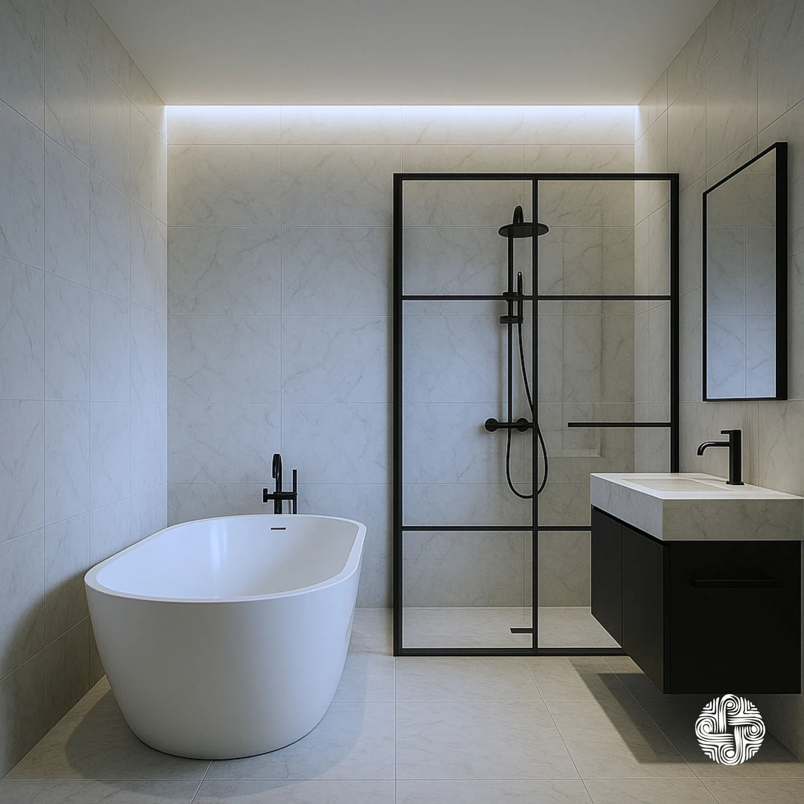 A bathroom in pale stone: a freestanding tub, a black-framed shower screen and a wall-hung vanity under a strip of cove light.