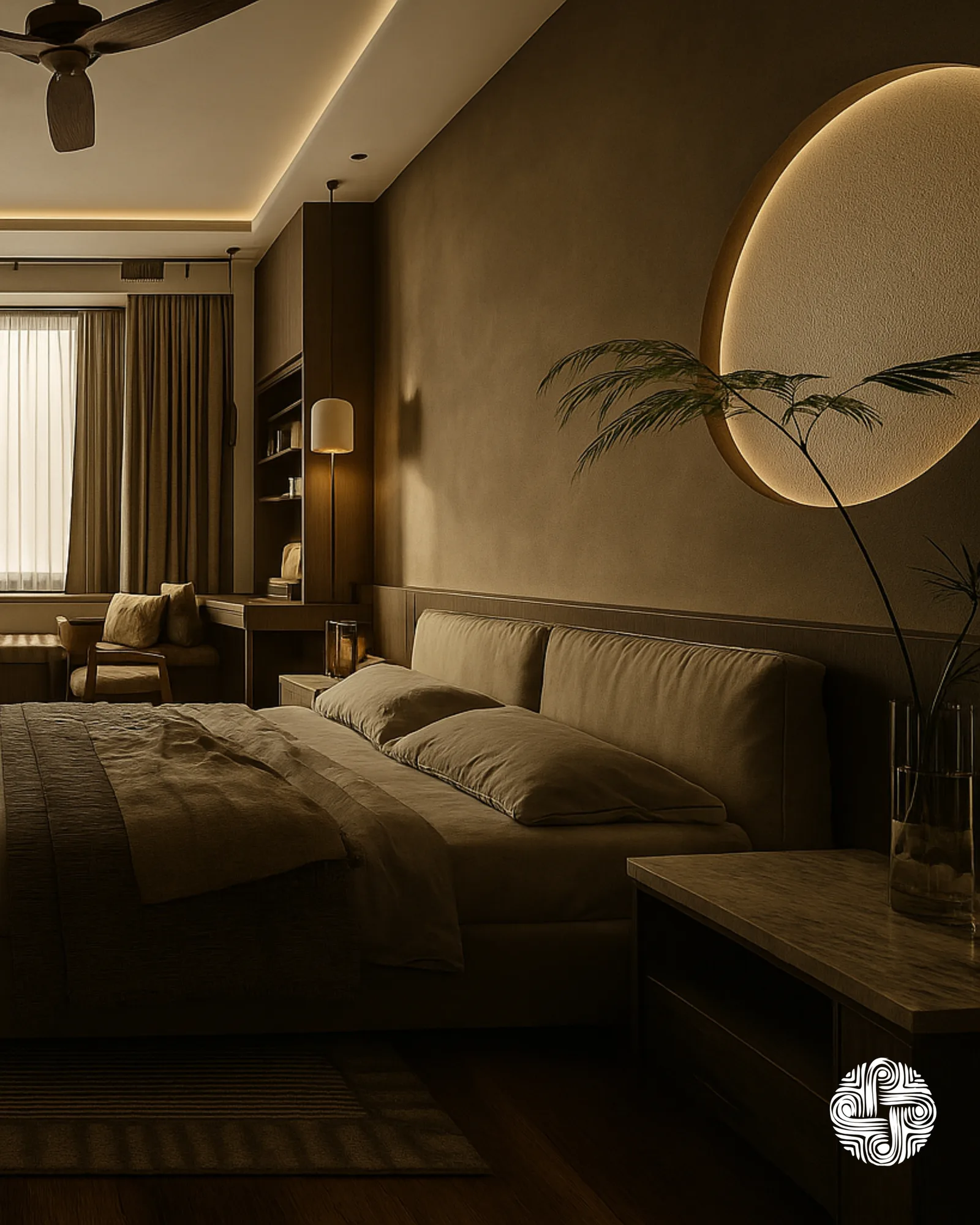 A bedroom in warm brown, a lit arc set into the wall behind the bed and a planted corner beside it.