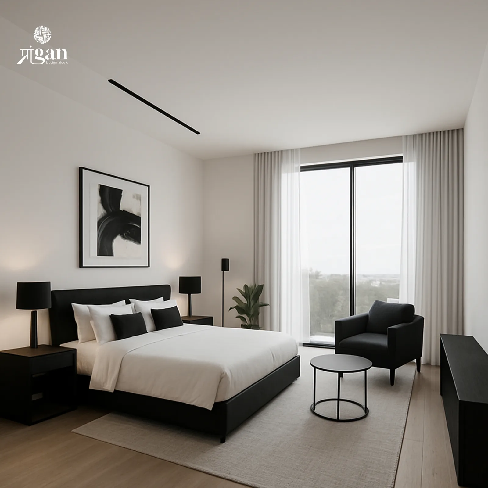 A pale bedroom with black bedside lamps, a single framed print and full-height curtains open to the window.