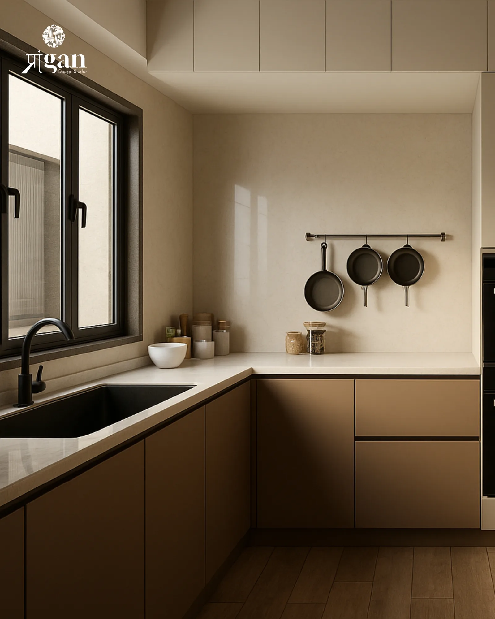 A kitchen in warm brown cabinetry with a black tap, pans hung on a rail and a window over the sink.