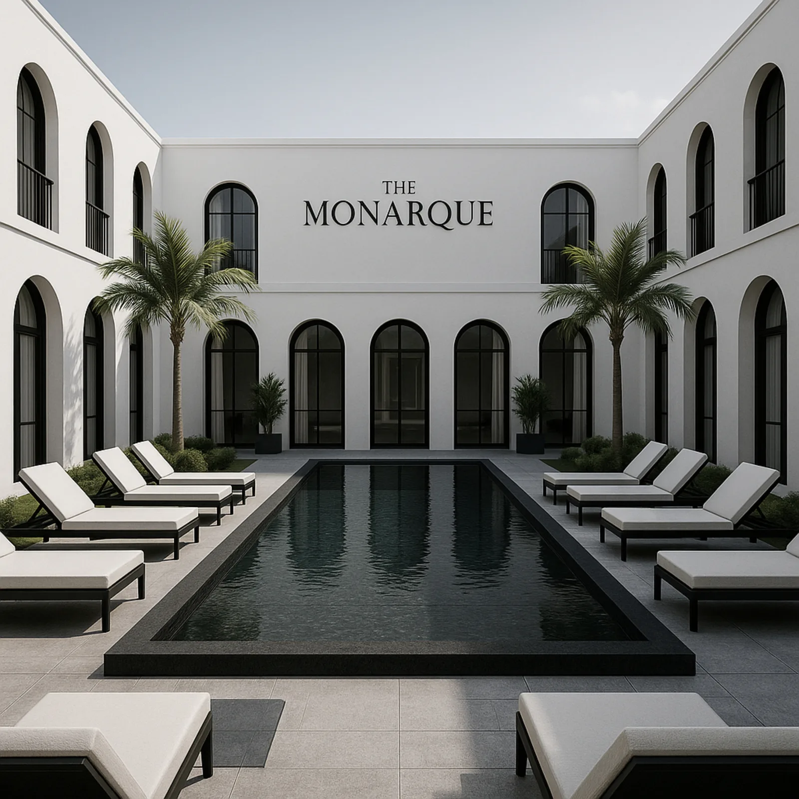 The Monarque: a long black pool running down a white arched courtyard, sun loungers and palms on both sides, the name set above the far arcade.