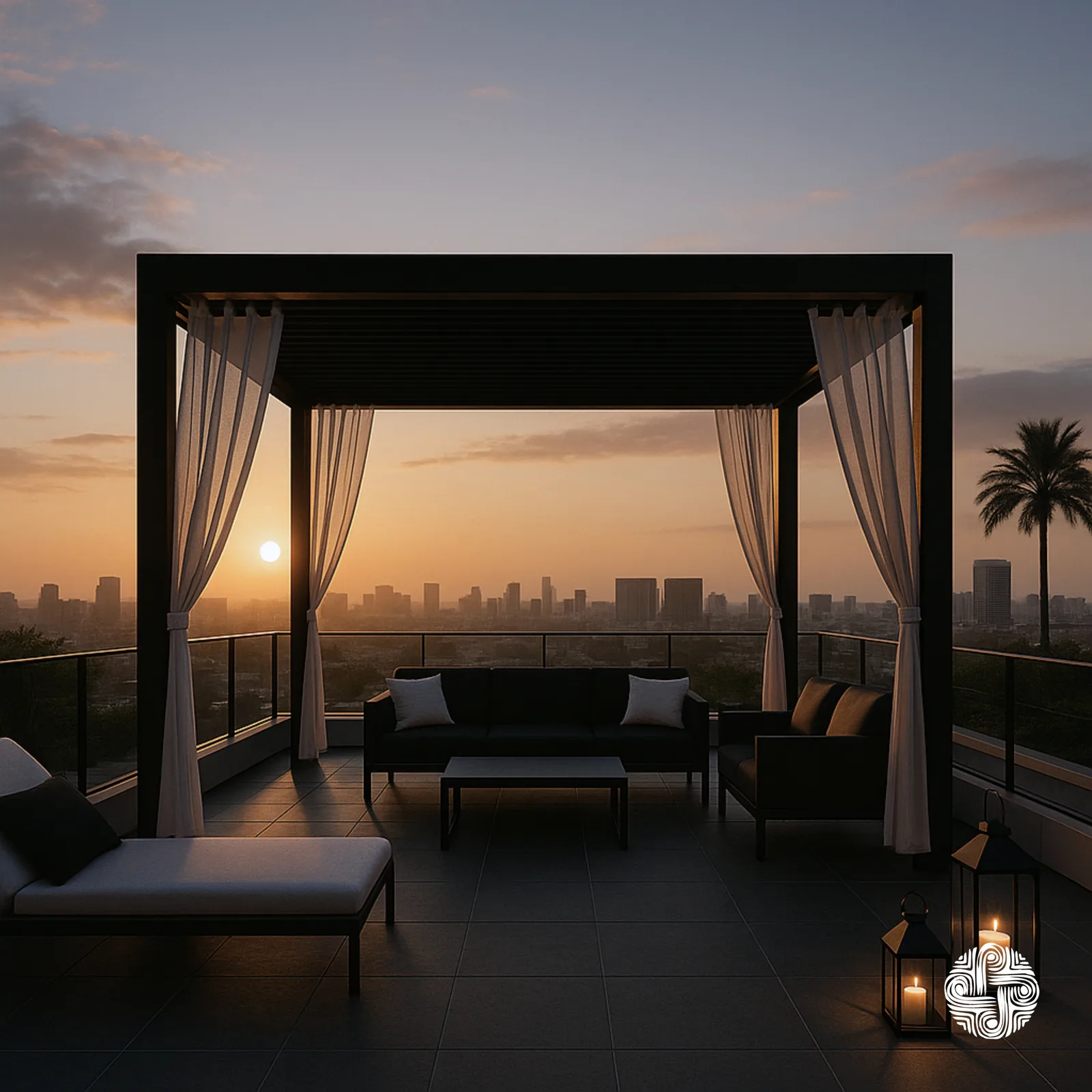 A rooftop terrace at sunset: a curtained daybed and low seating against the city skyline, candles lit along the parapet.