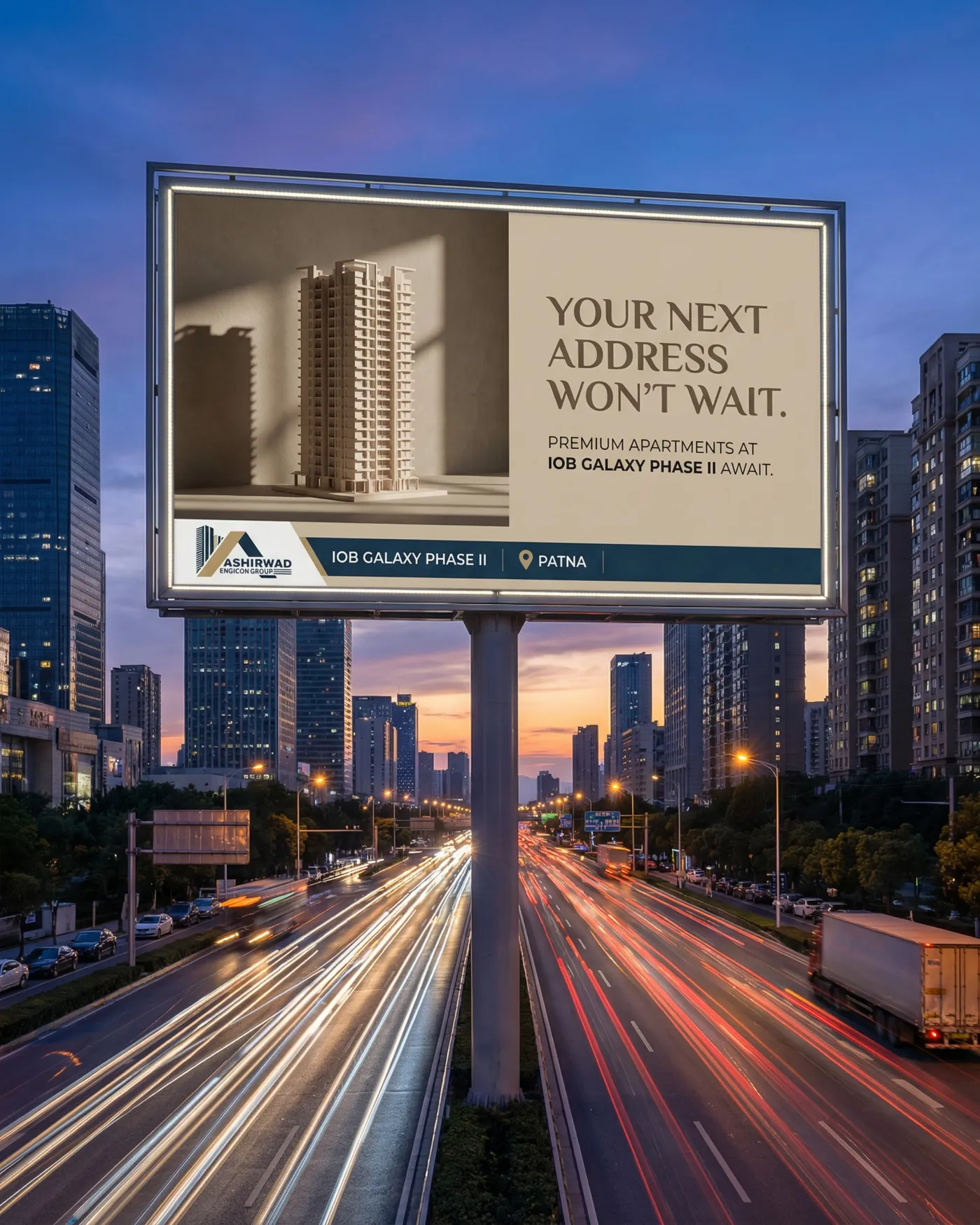 The billboard in place above a city road at dusk, reading Your next address won't wait, with a scale model of the tower alongside.