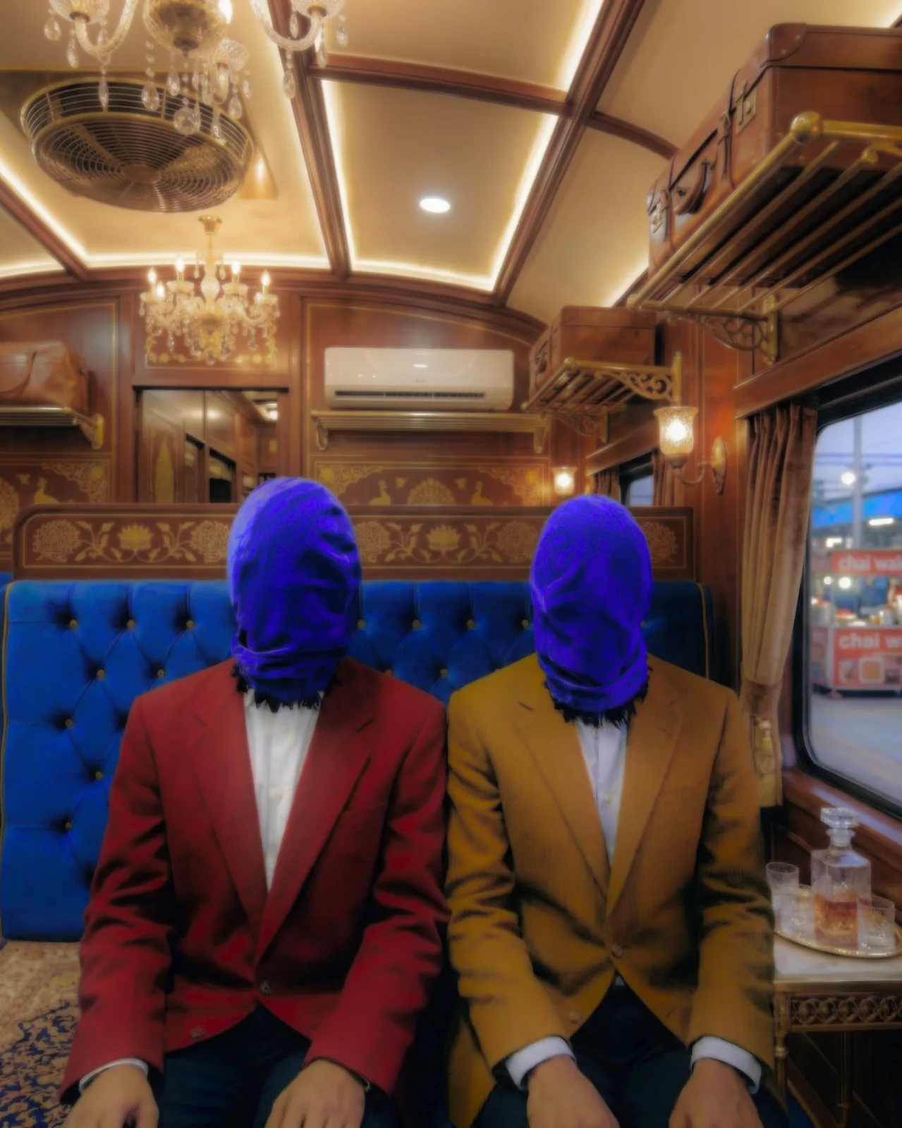 Two men sitting side by side on a blue velvet bench in a wood-panelled train carriage under chandeliers, one in a red jacket and one in ochre, both with their heads wrapped in blue cloth.