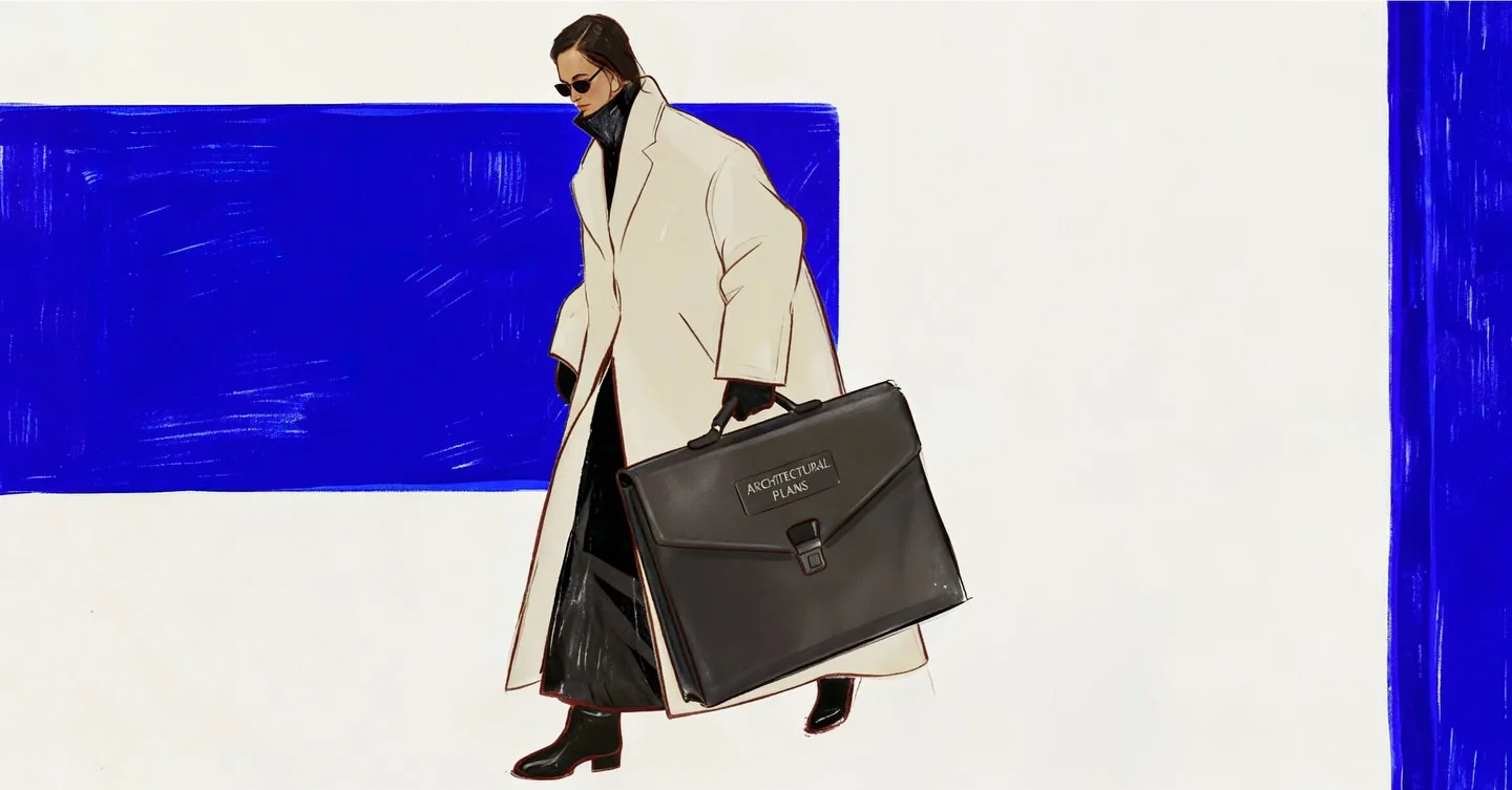 The campaign illustration in full: a woman in a cream coat and black gloves walking with a leather case marked ARCHITECTURAL PLANS, against painted blocks of lapis blue on off-white.