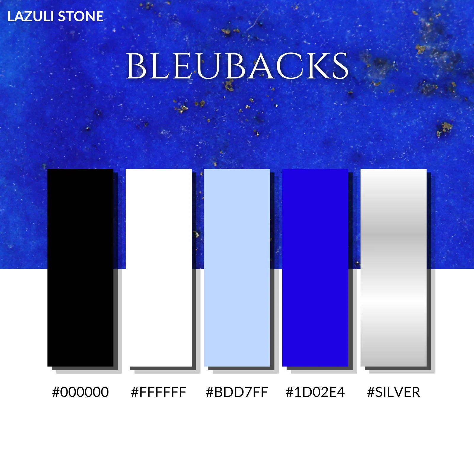 The Lazuli Stone palette: five swatches (black, white, powder blue, lapis and silver) standing against a photograph of polished lapis lazuli flecked with pyrite, the wordmark above them.