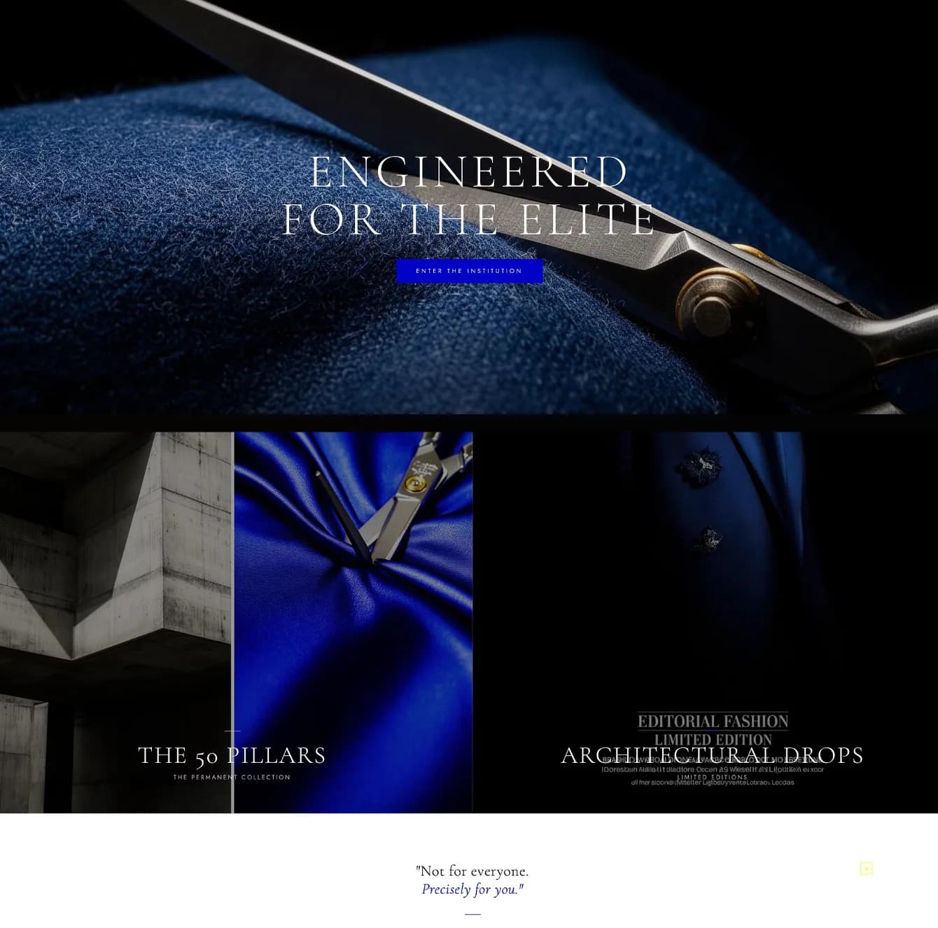 The Bleubacks site: shears laid across blue cloth under the line Engineered for the elite, then The 50 Pillars and Architectural Drops side by side.