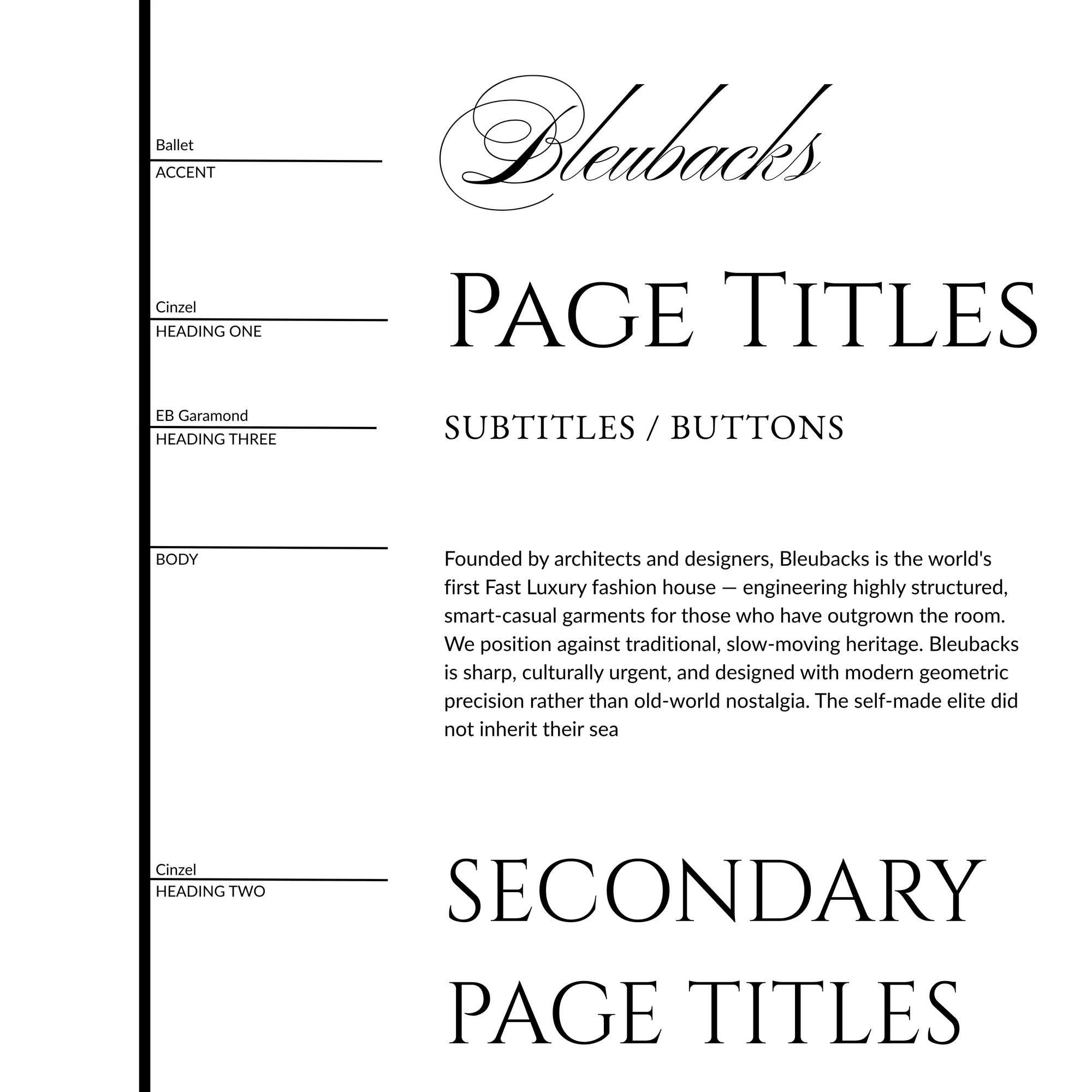The Bleubacks type system, each level labelled down a rule at the left: Ballet for the accent, Cinzel for page titles and secondary titles, EB Garamond for subtitles and buttons, and the body face carrying the brand paragraph.