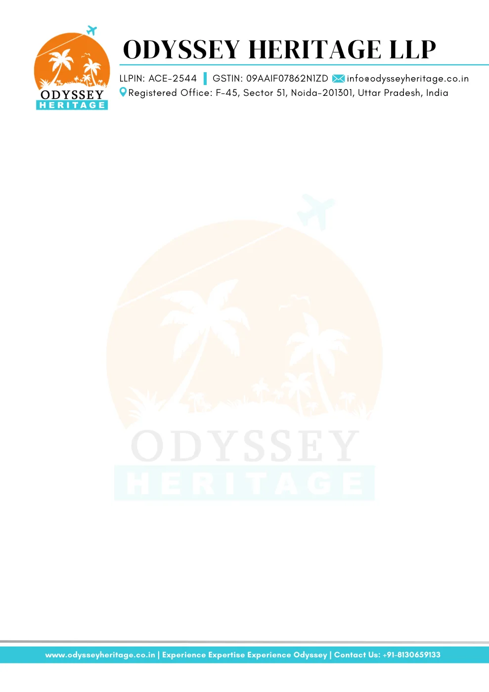 The Odyssey Heritage LLP letterhead, the mark and company details across the head and a teal footer band carrying the website and phone number.