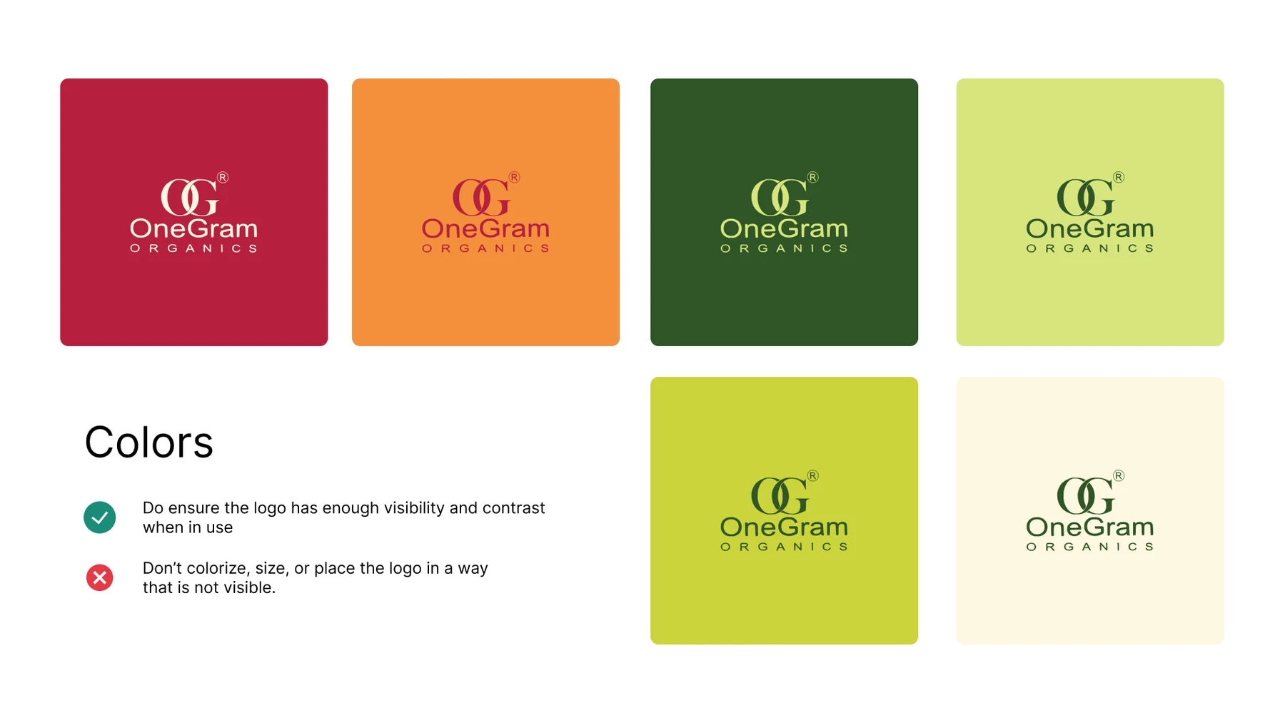 The colour page: the logo shown on crimson, orange, dark green, light green, lime and cream, with a note to keep it readable and never to recolour or crop it.