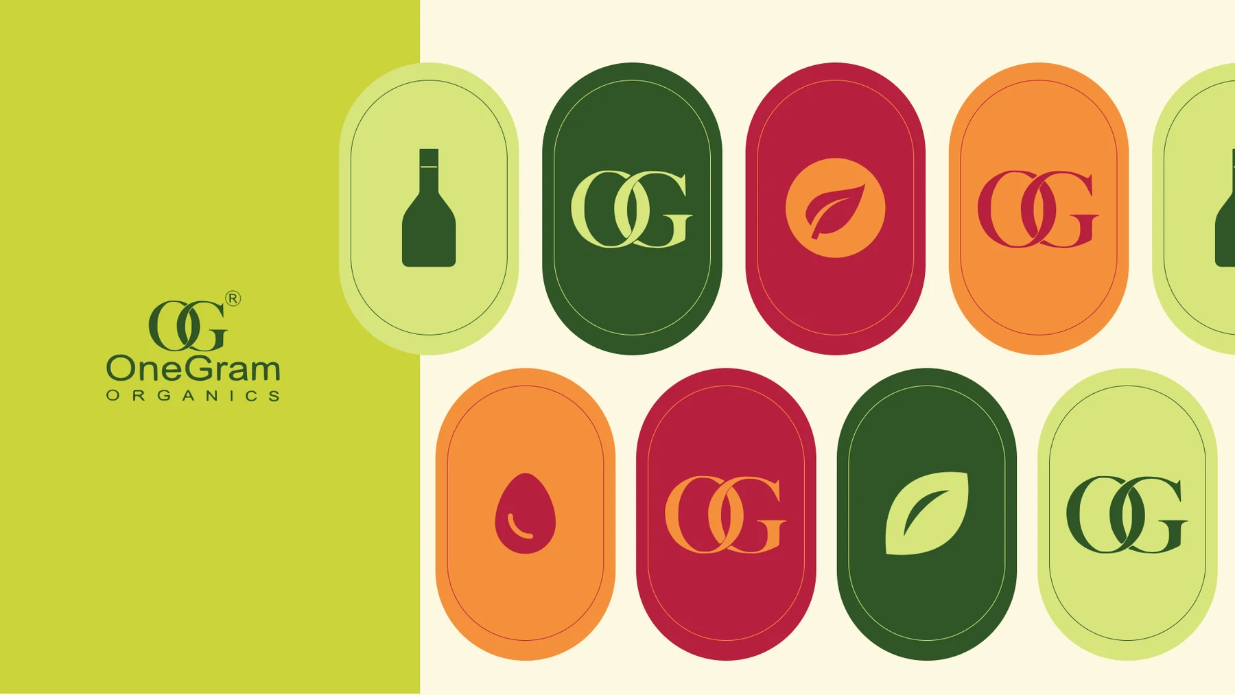 The brand pattern: capsule shapes in crimson, orange and two greens, alternating the OG monogram with a bottle, a leaf and an egg, beside the logo on lime.