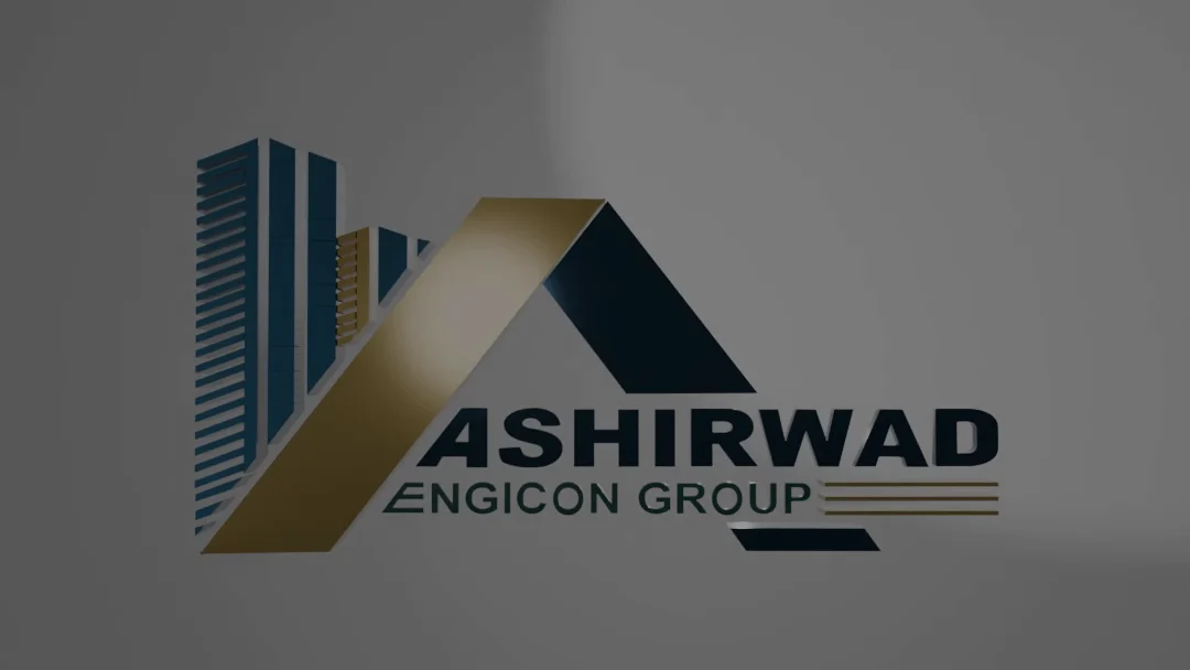 The Ashirwad Engicon Group mark assembling in three dimensions: a grid of gold blocks gathers into the gold roofline, navy towers rise beside it, and the lockup settles with ASHIRWAD ENGICON GROUP beneath.