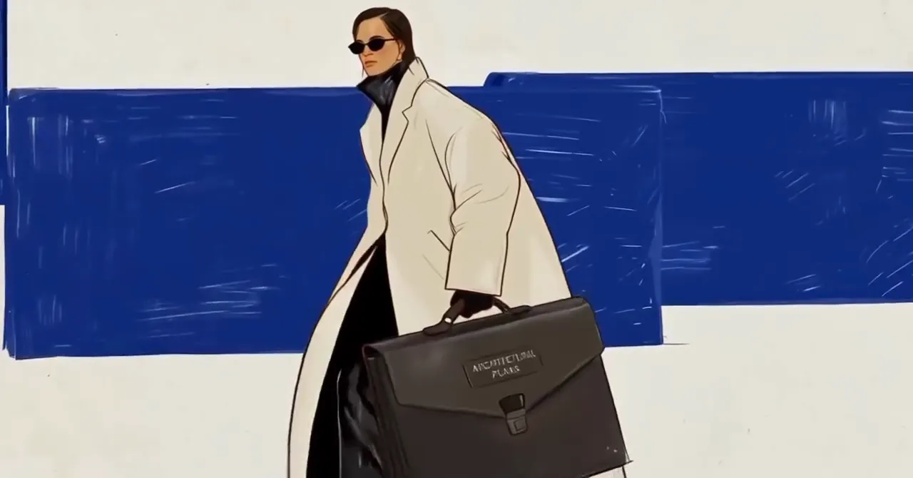 An illustrated woman in a long cream coat and dark glasses walking left to right past blocks of lapis blue, carrying a black case stamped ARCHITECTURAL PLANS, before the frame settles on the Bleubacks India wordmark.