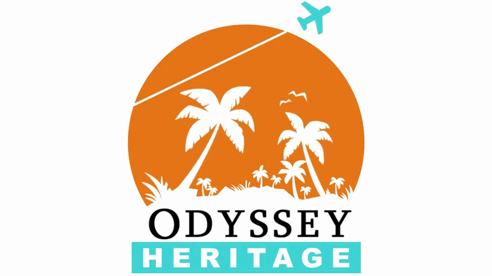 The Odyssey Heritage mark assembled: an orange sun with palms cut out of it, a teal plane trailing a line across the disc, and the wordmark beneath.