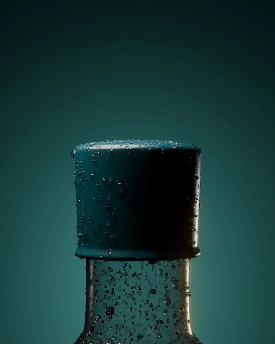 A 3D render of the sealed cap and neck of the vessel, covered in condensation against deep green.