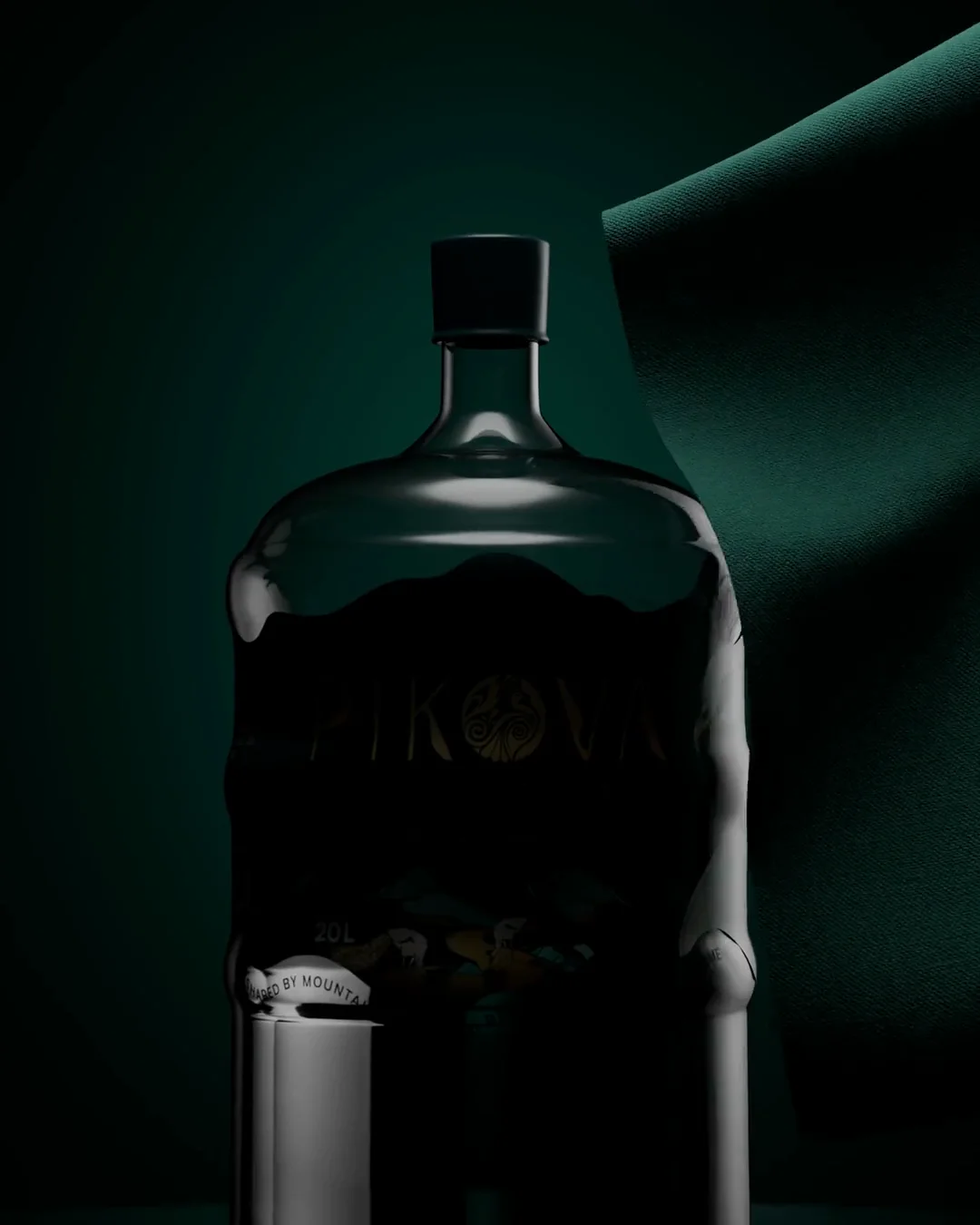 A 3D render of the vessel with a fall of green silk behind it, lit low against near-black.