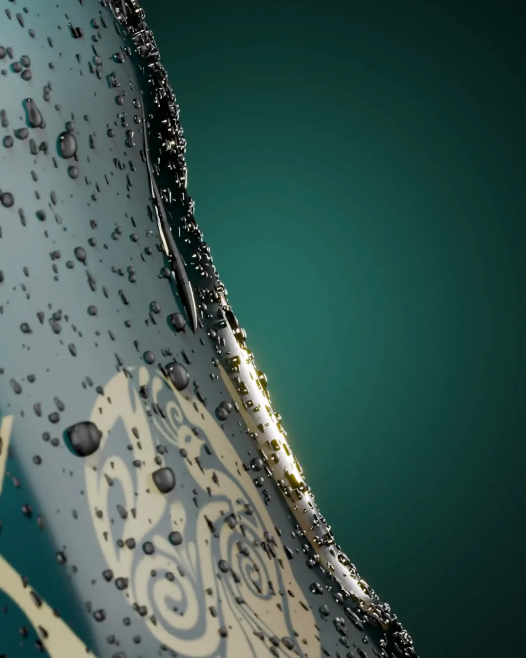 A close 3D render of the vessel’s shoulder, the gold peacock emblem catching light through beaded condensation.